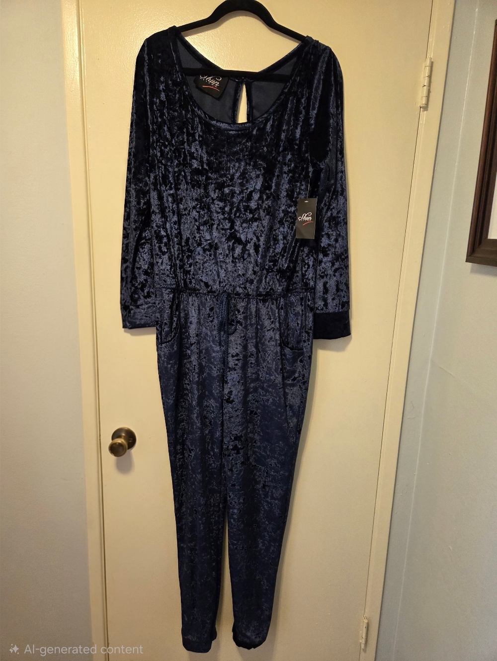 Velvet Long Sleeve Jumpsuit in Navy Blue